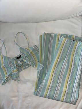 Striped Linen Two-Piece Tie-Front Top & Wide Leg Pants in Blue, Yellow, White